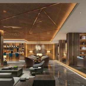 现代酒店餐饮 吧台椅组合 酒柜 沙发茶几组合 书柜 吊灯